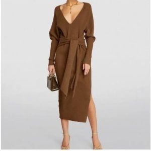 Good American 00/0 Long Sleeve Belted Body Con Dress Ribbed Knit Sepia/Brwn